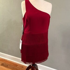 Adrianna Papell One-Shoulder Matador Red Fringe Dress